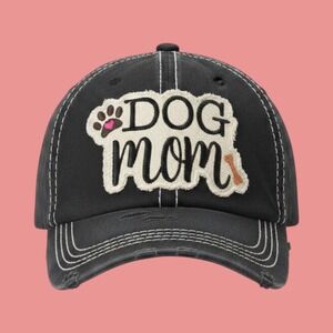 Dog Mom Baseball Cap Distressed Washed Black Embroidered Hat Adjustable Strap